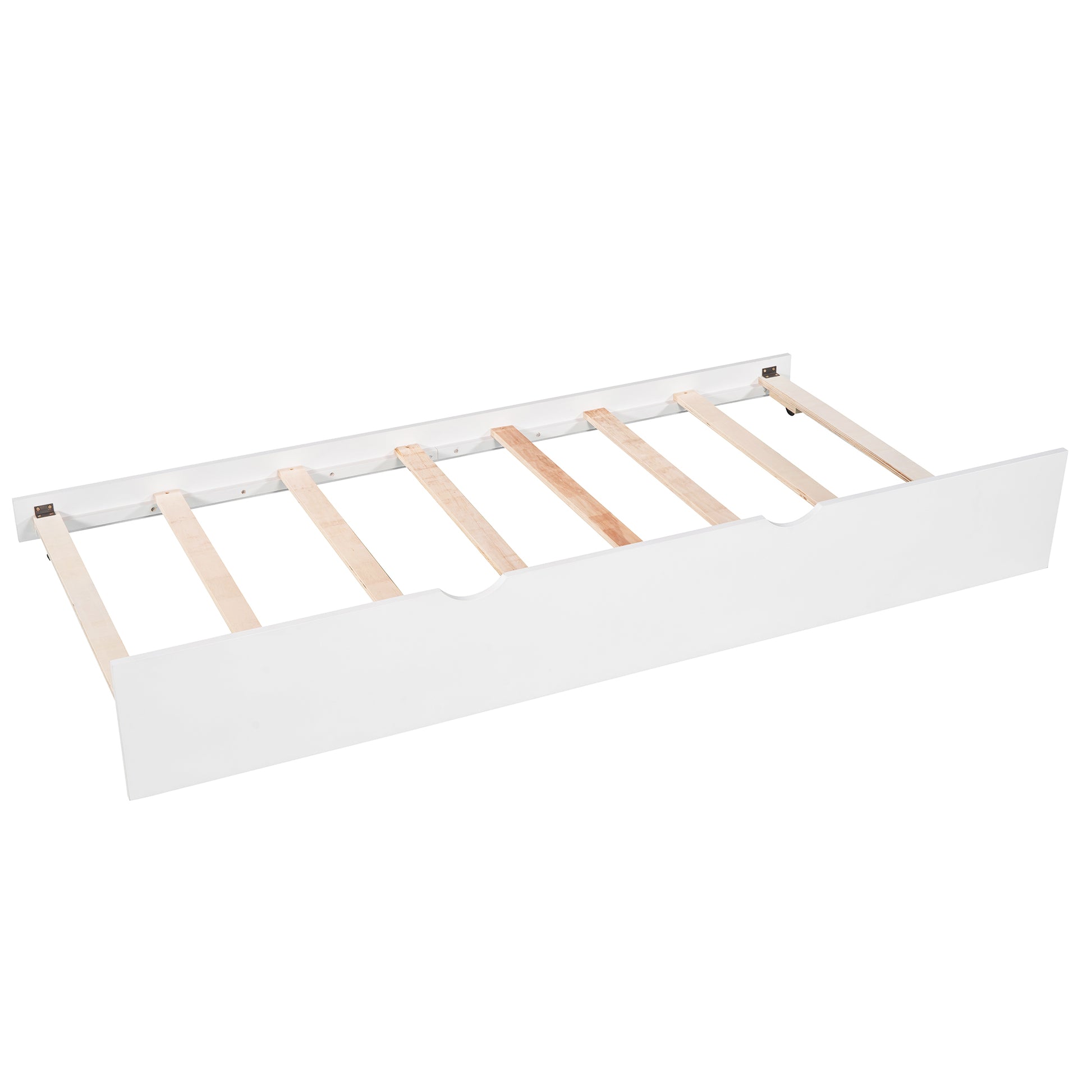 White wood toddler bed frame with slatted support
