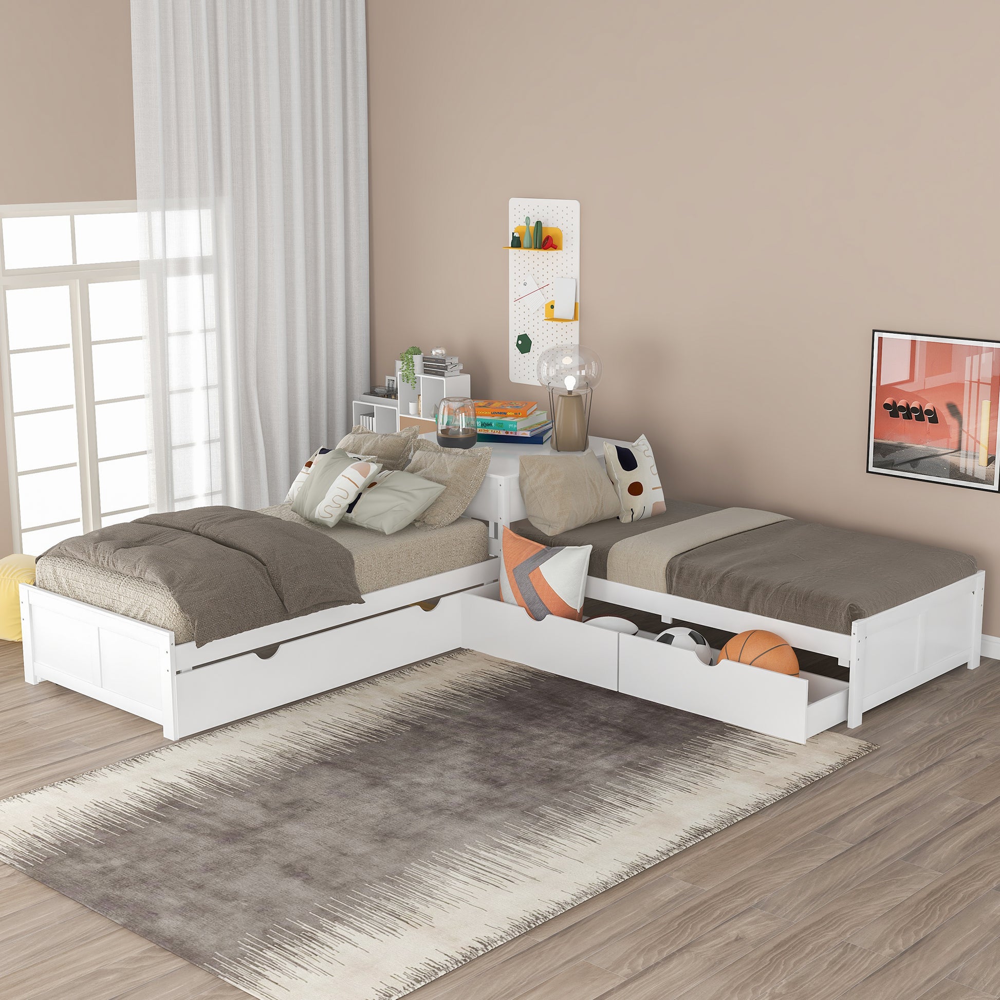White wooden twin bunk bed with drawers for kids