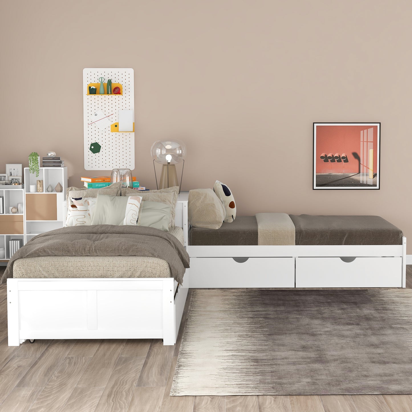 White wooden twin bed with textured beige bedding and pillows