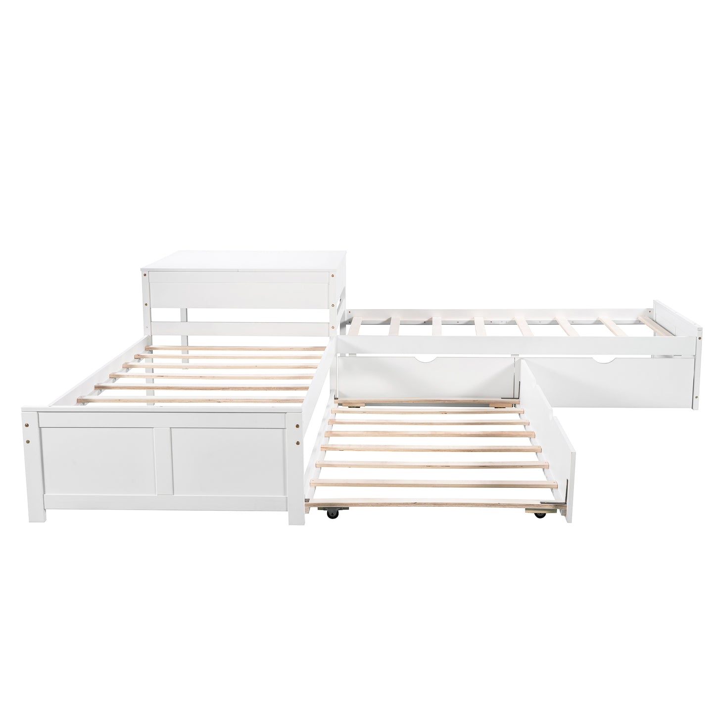 White Lshaped twin bed with pullout trundle and drawer