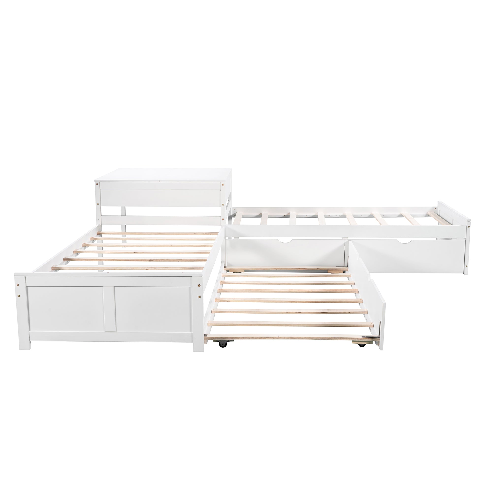 White Lshaped twin bed with pullout trundle and drawer