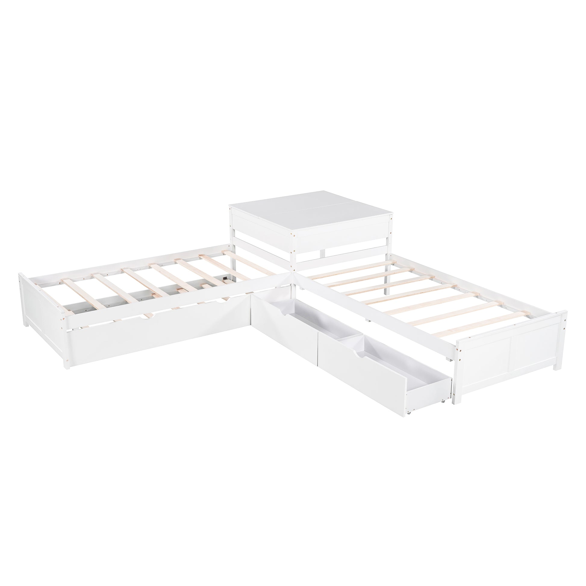 White Lshaped twin bed frame with storage drawers