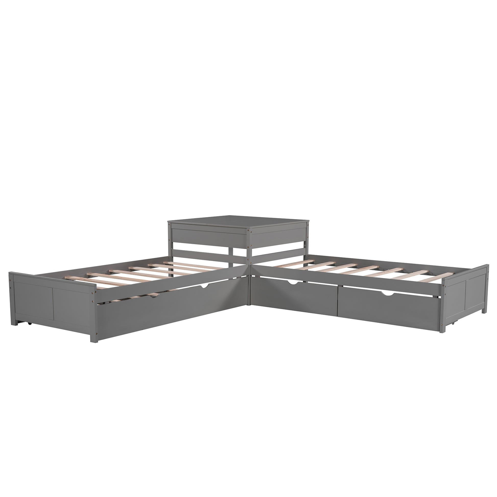 Gray wooden corner bed frame with drawers