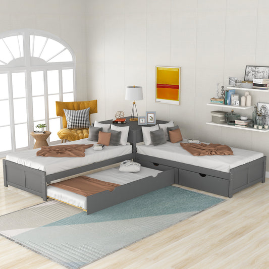 Gray wooden twin bed frame with pullout trundle and storage drawers perfect for kids