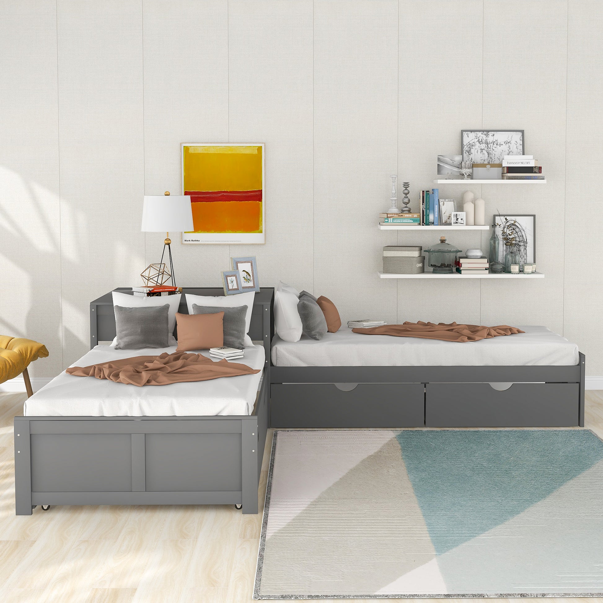 Gray wooden daybed with trundle and storage drawers