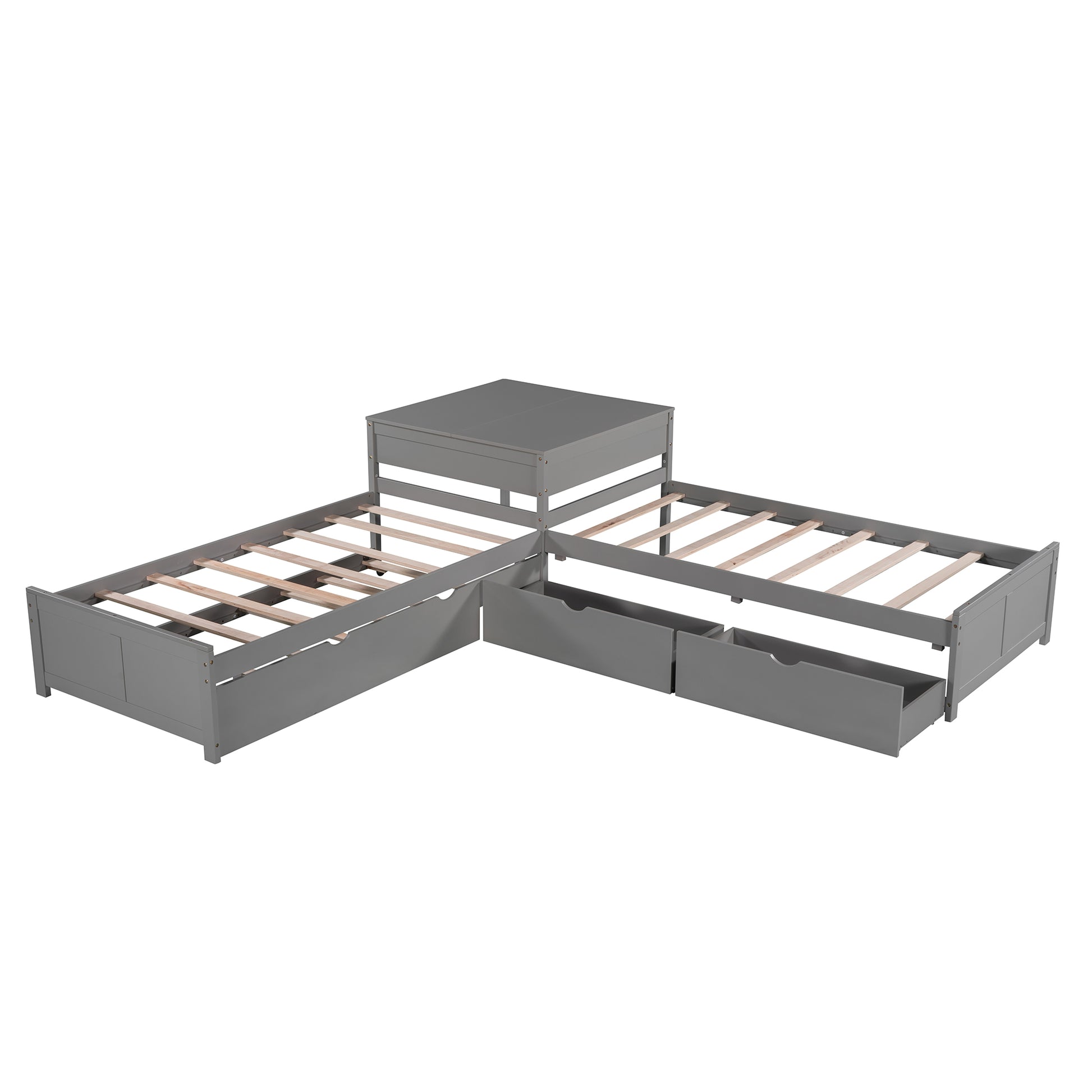 Grey wood Lshaped twin bed frame with three storage drawers