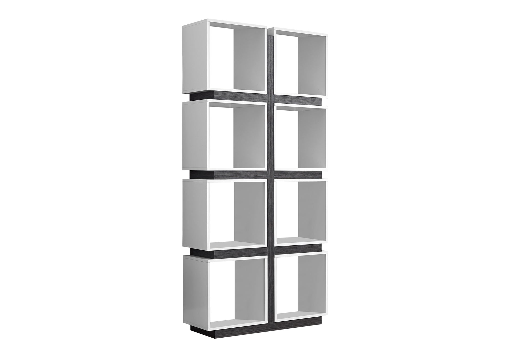 Modern white cube shelving unit with dark wood accents