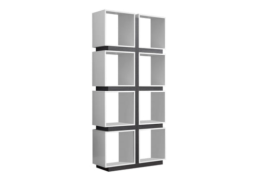 Modern white cube shelving unit with dark wood accents