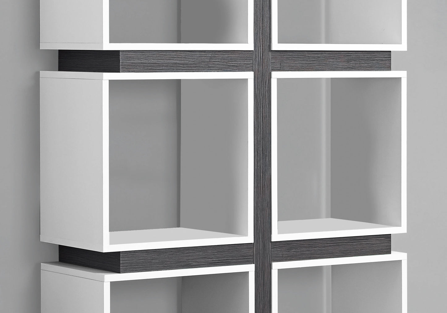 Modern white modular shelving unit with dark wood accents