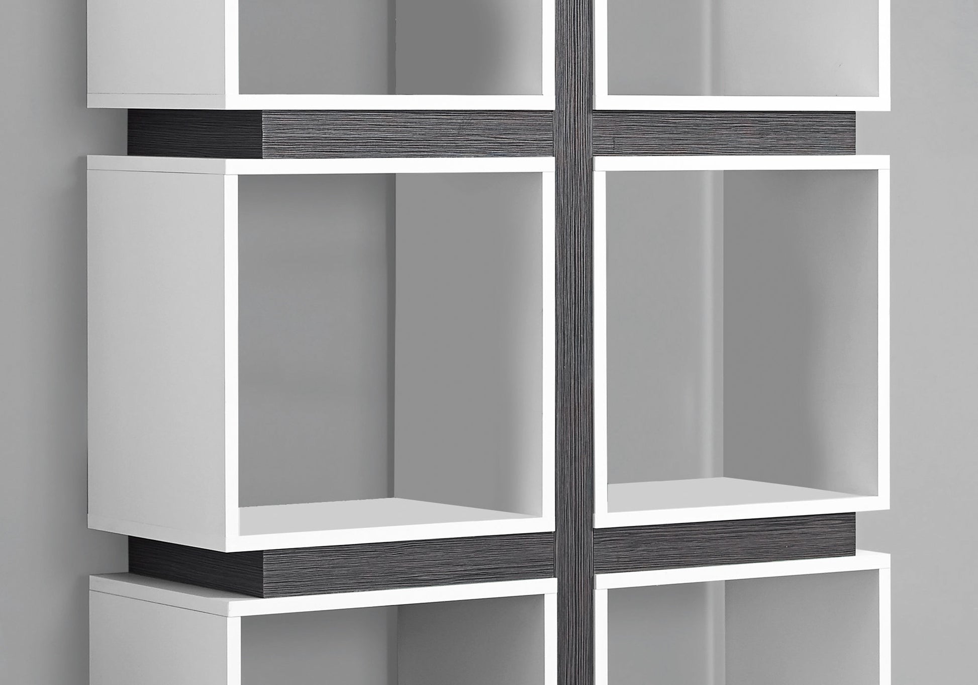Modern white modular shelving unit with dark wood accents
