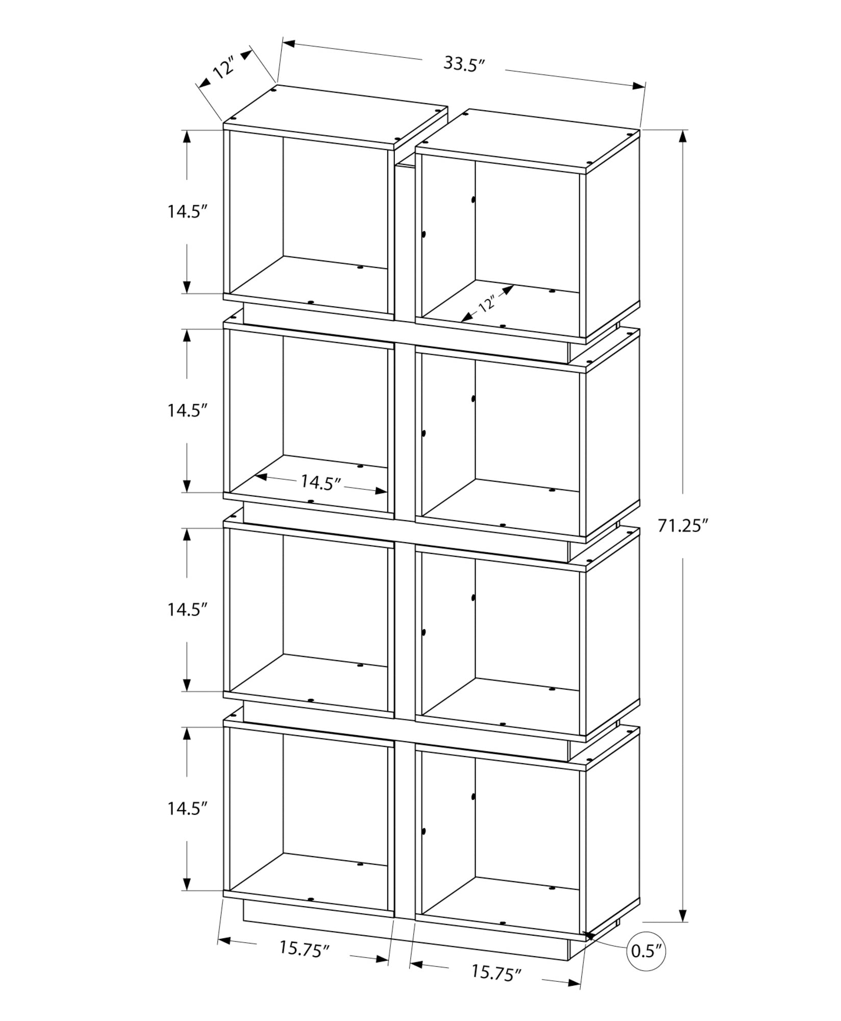 Line drawing of a white modular shelving unit with dimensions indicated for height width and depth