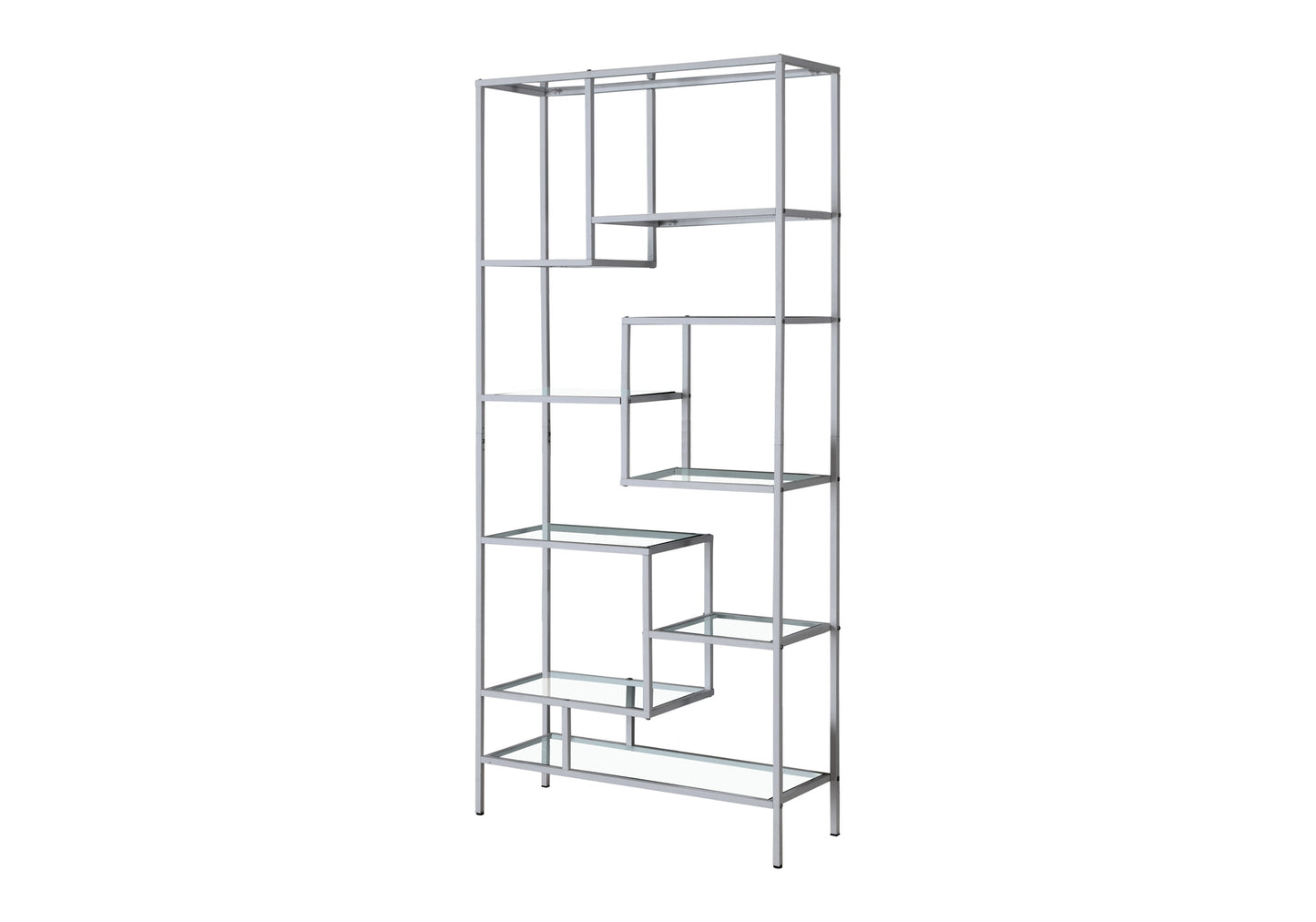 Modern silver metal etagere with offset glass shelves