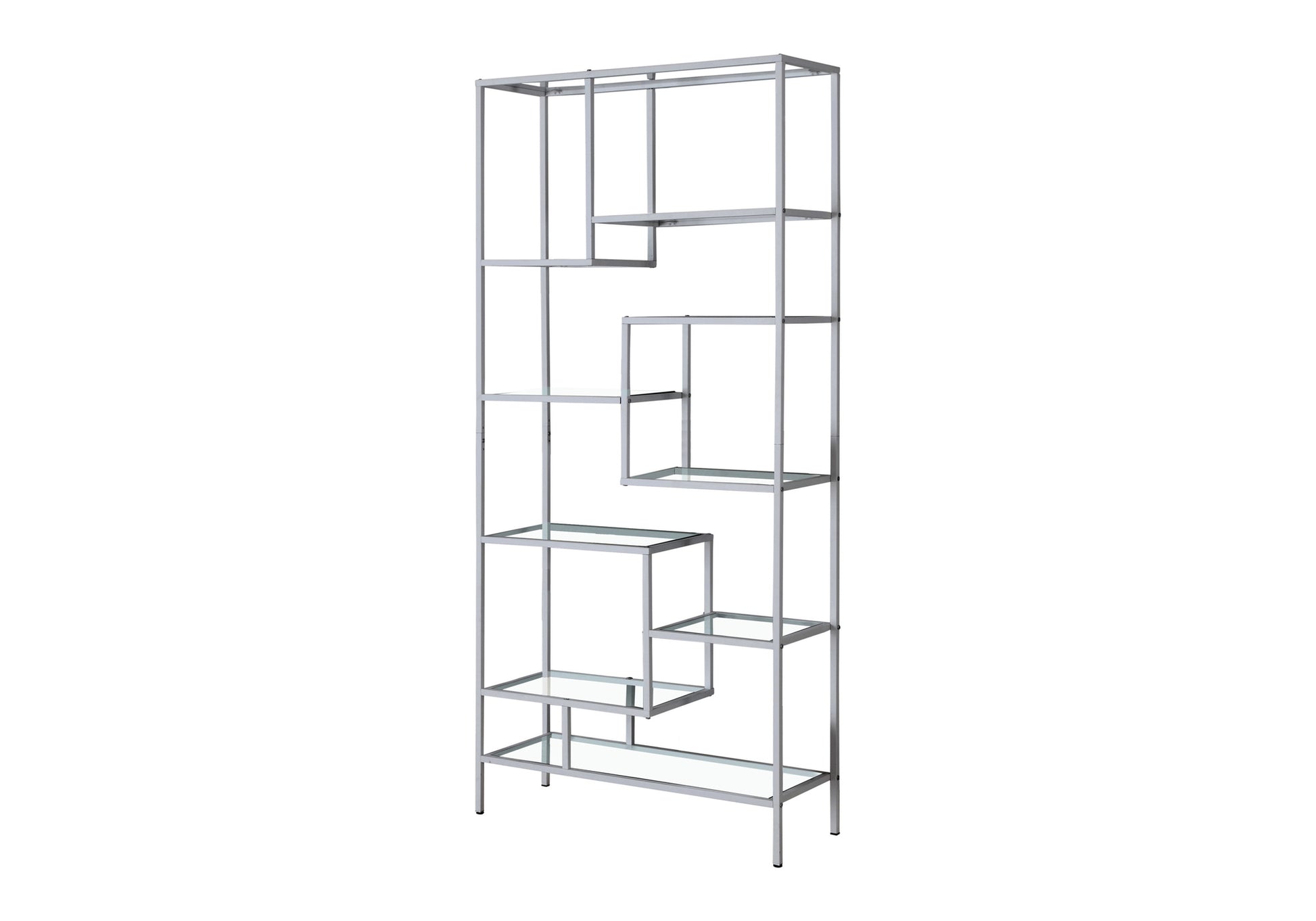 Modern silver metal etagere with offset glass shelves