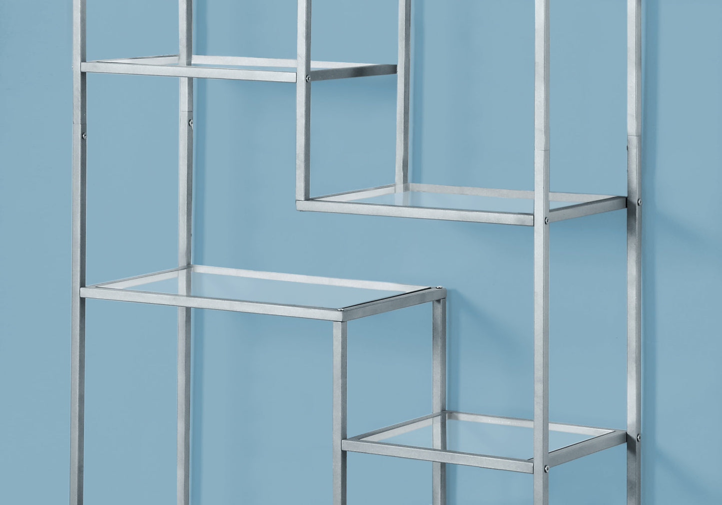 Modern silver metal shelf with clear glass
