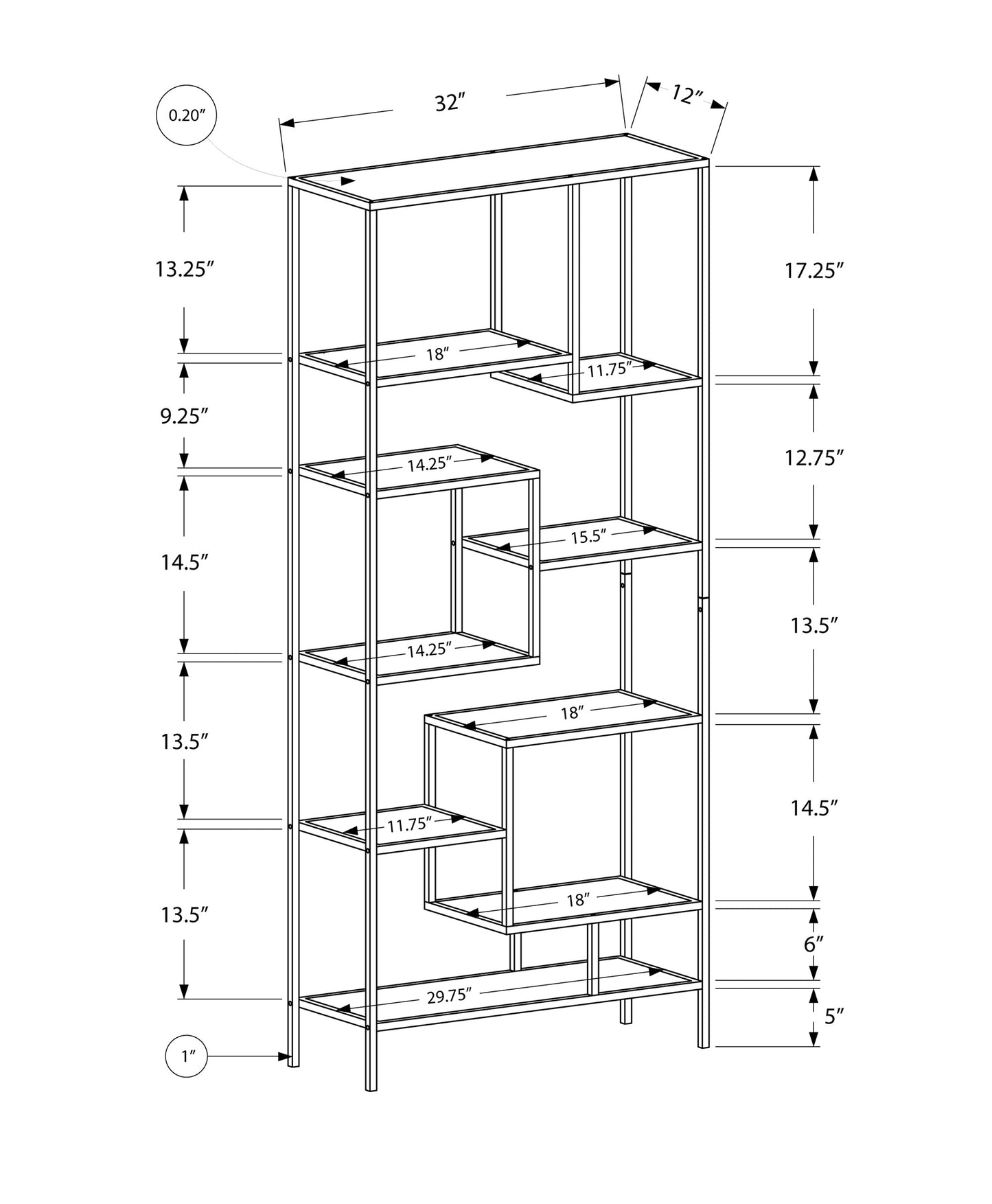 Line drawing of tall metal bookshelf with  shelves
