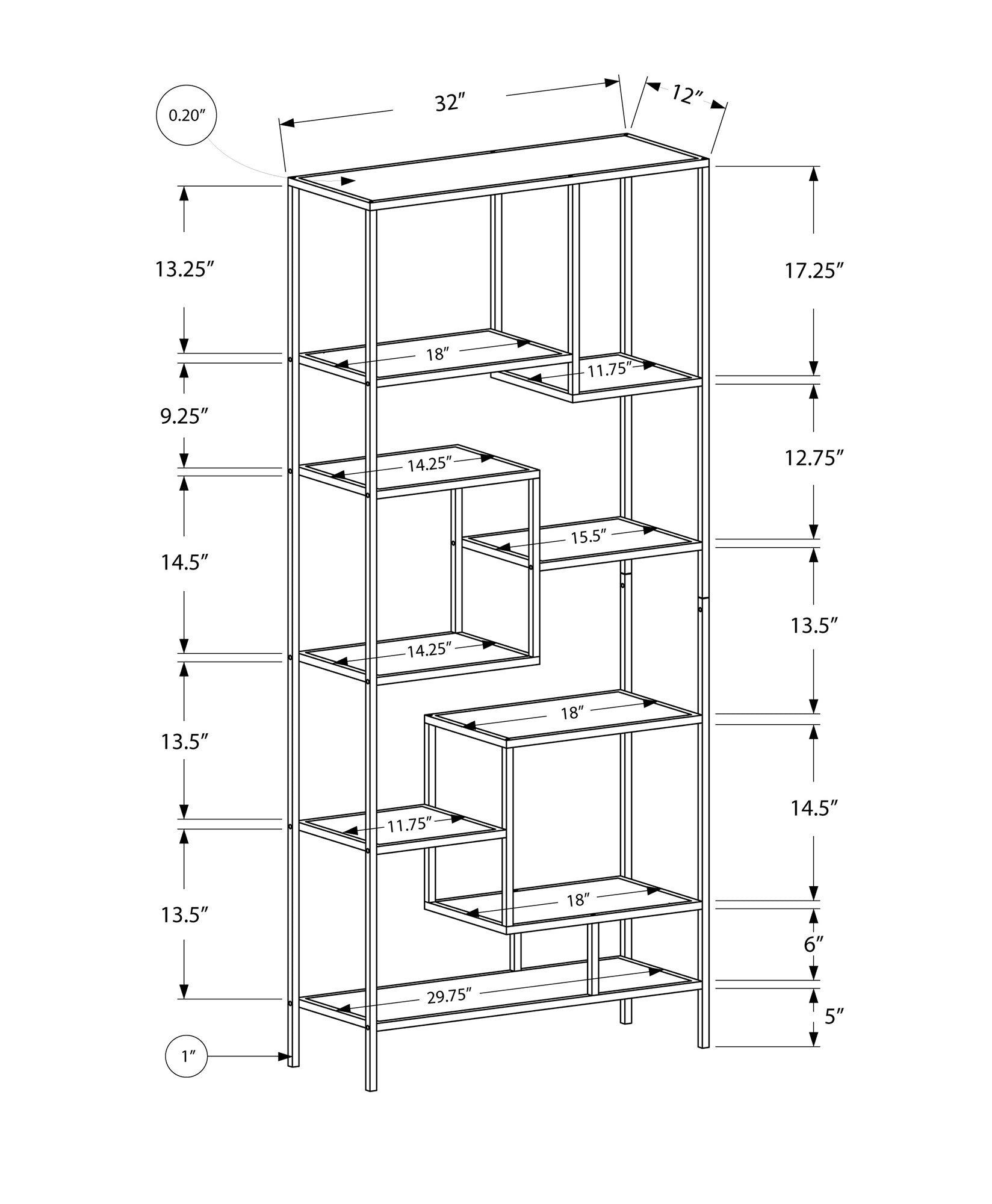 Line drawing of tall metal bookshelf with  shelves
