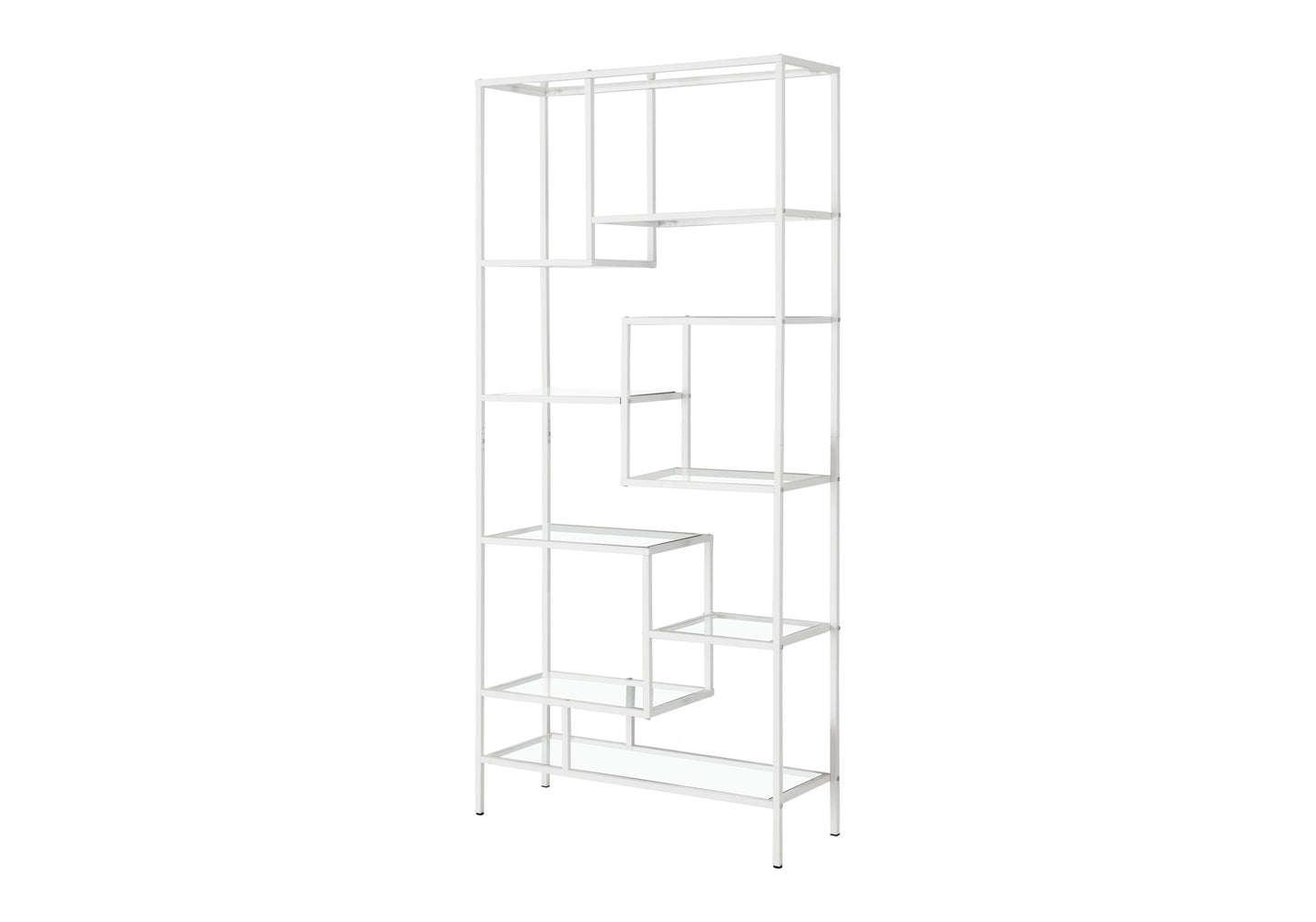 White metal bookshelf with asymmetric shelving and glass panes