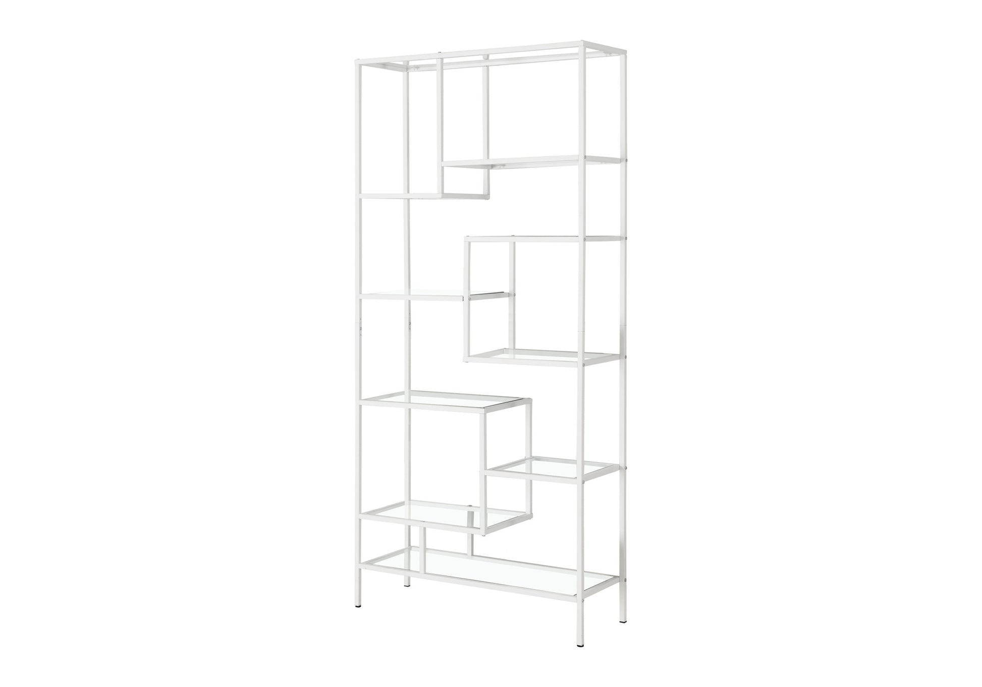 White metal bookshelf with asymmetric shelving and glass panes