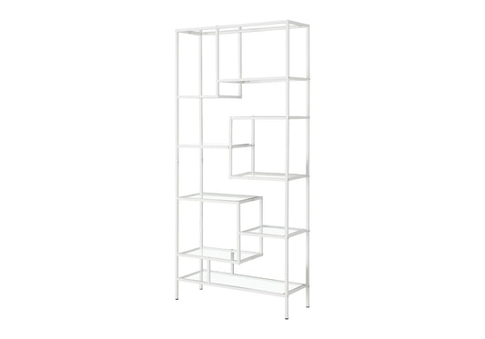White metal bookshelf with asymmetric shelving and glass panes
