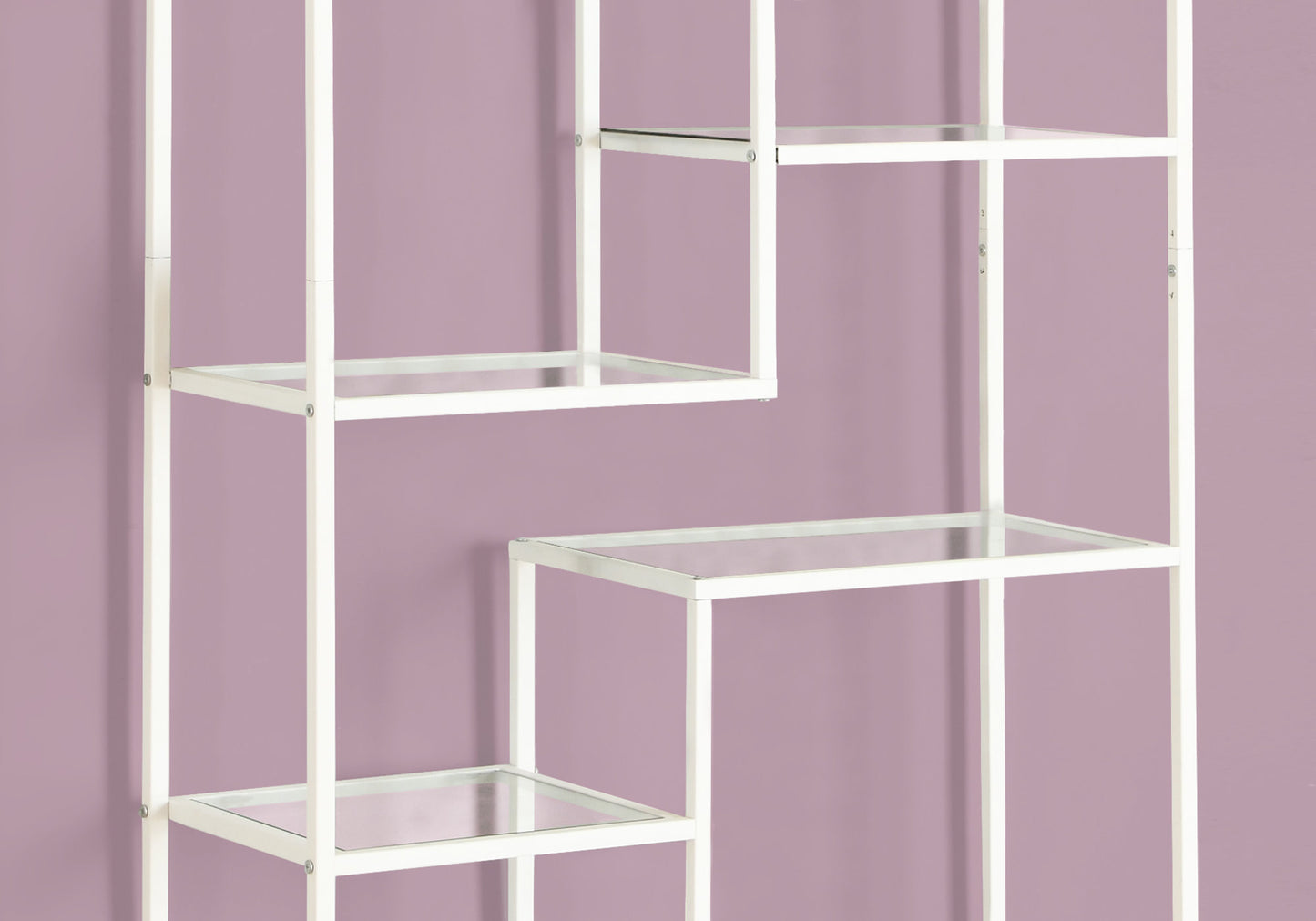 White metal etagere with offset clear glass shelves
