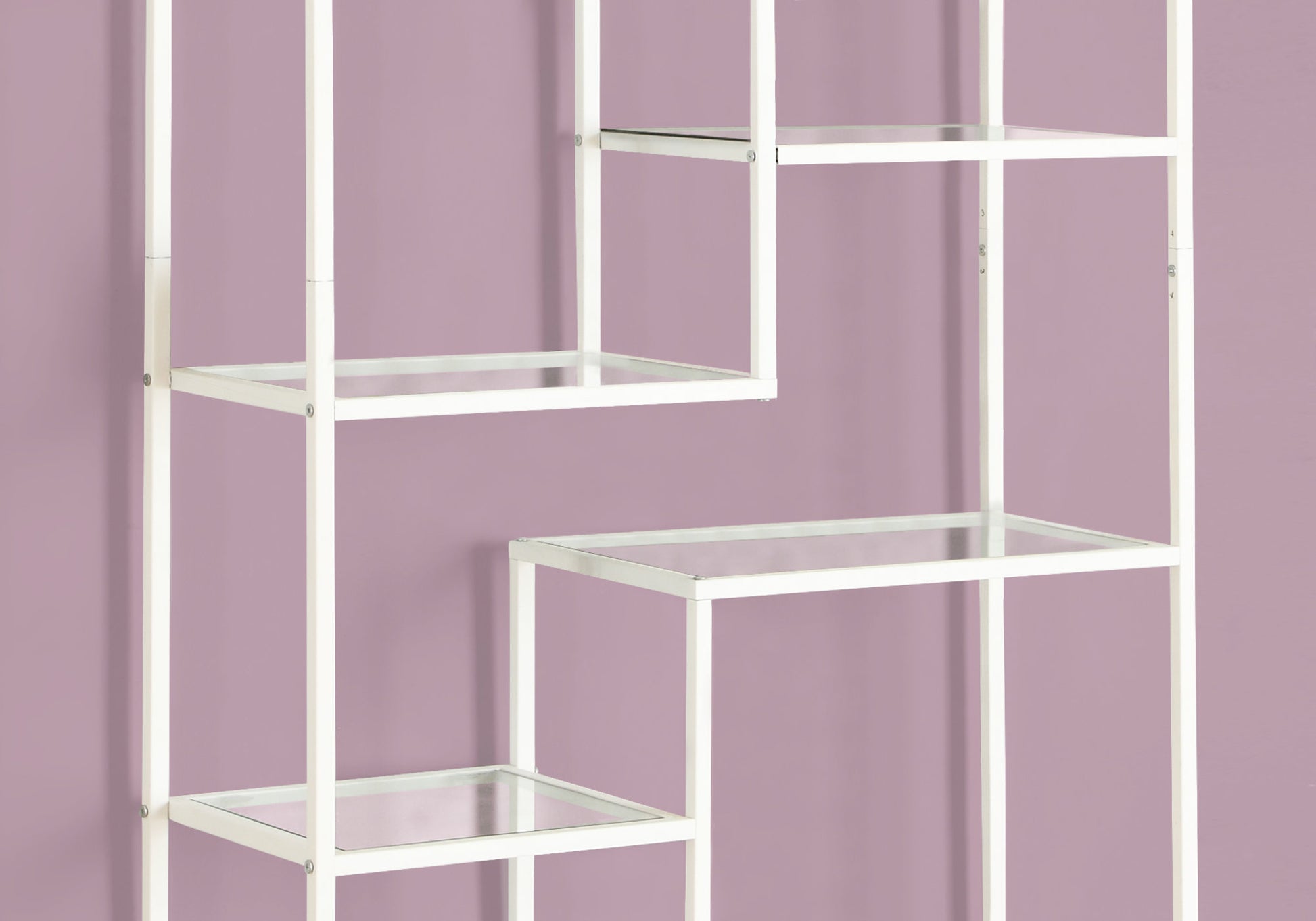 White metal etagere with offset clear glass shelves