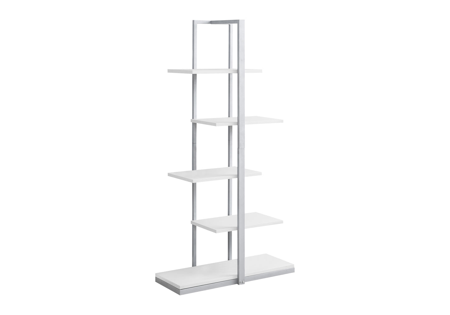 Modern fivetier white bookshelf with a sleek silver metal frame