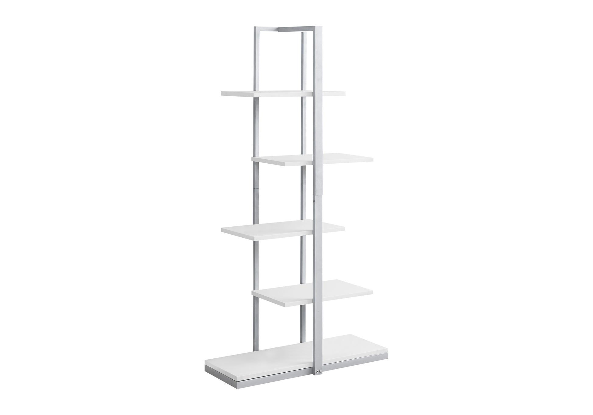 Modern fivetier white bookshelf with a sleek silver metal frame