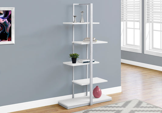 Modern white bookshelf with silver frame and five shelves