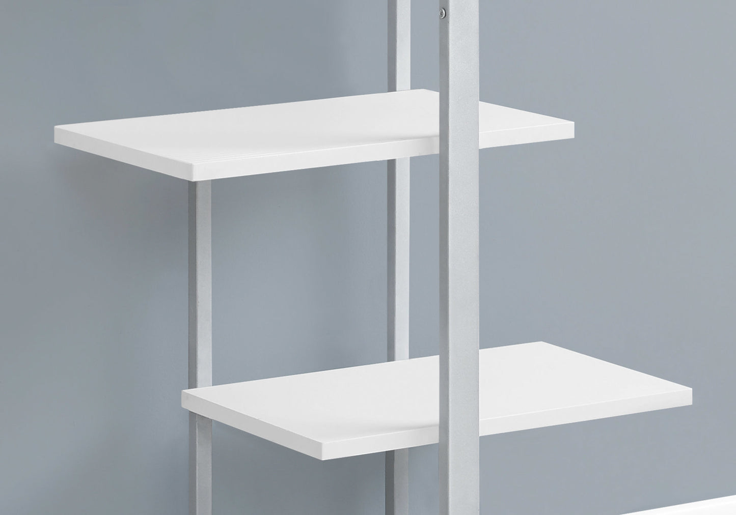 White modern bookshelf with two levels and silver metal frame