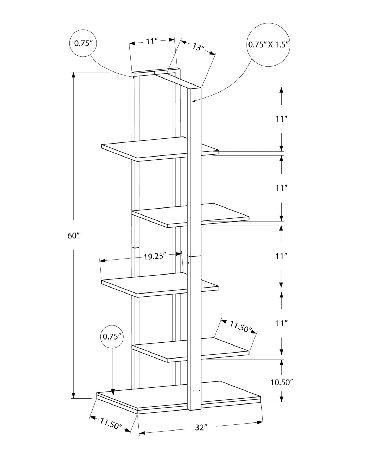Line drawing of a modern white bookshelf with five shelves and dimensions indicated