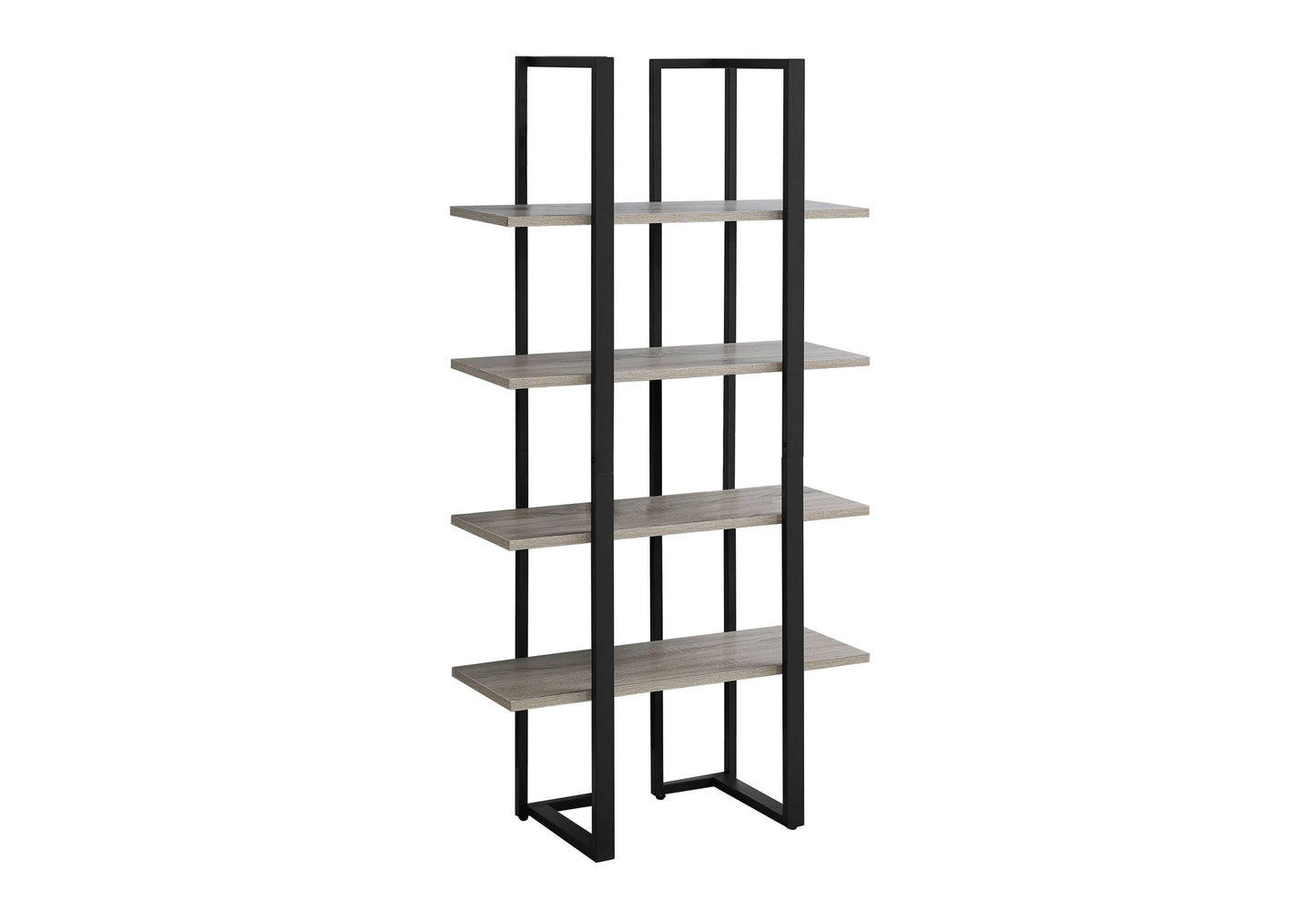 Modern grey wood bookshelf with black metal frame
