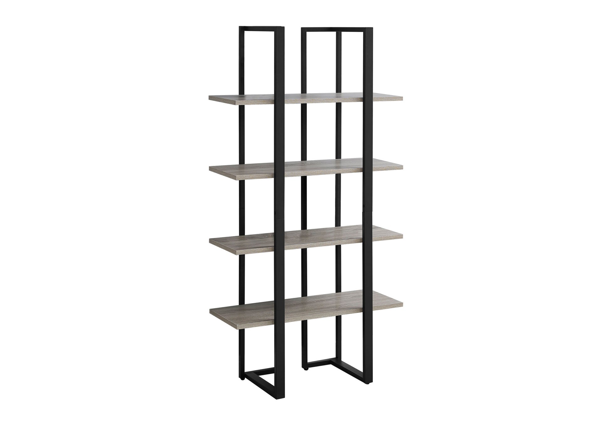 Modern grey wood bookshelf with black metal frame