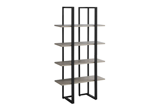 Modern grey wood bookshelf with black metal frame