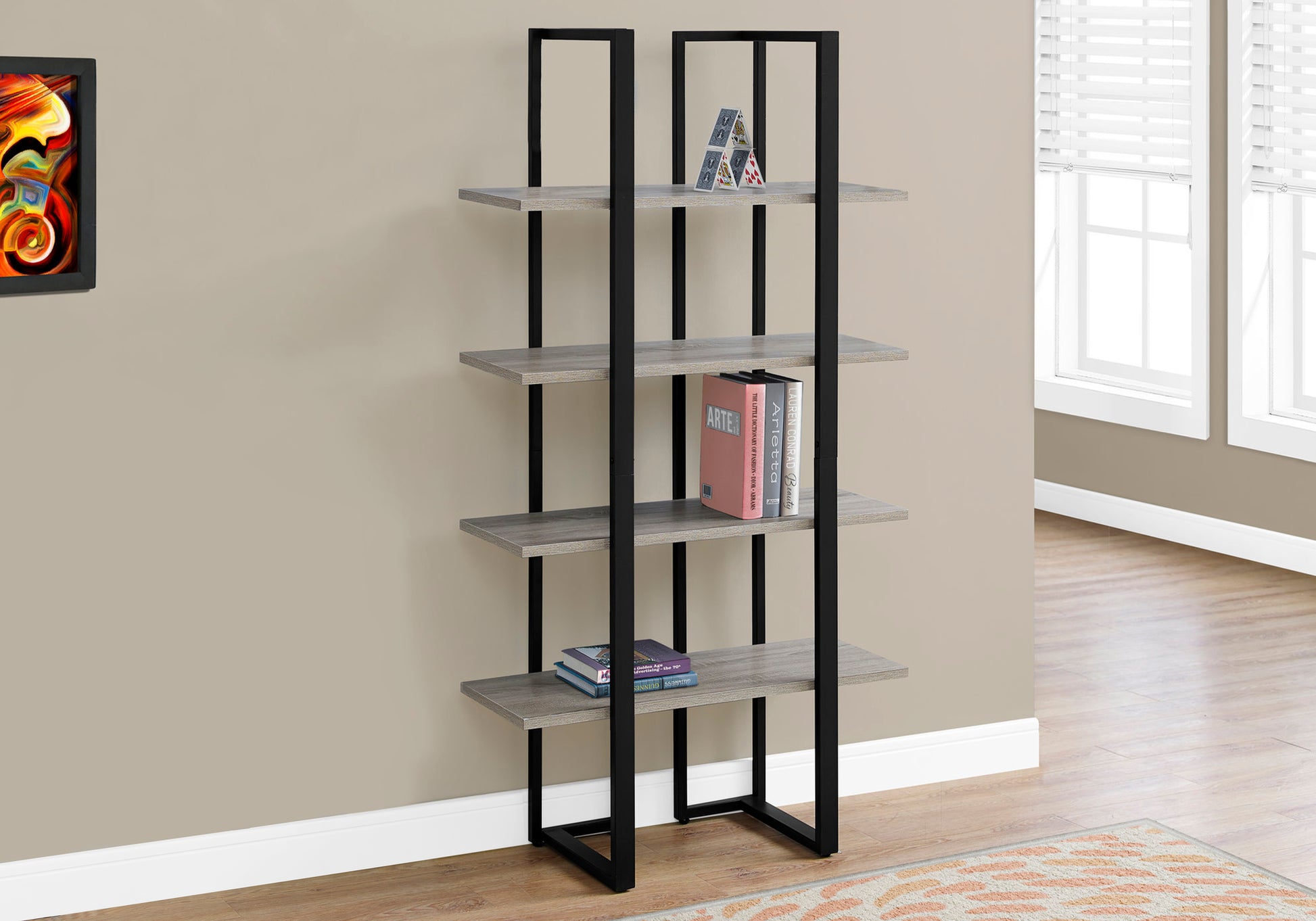 Modern gray wood bookshelf with black metal frame