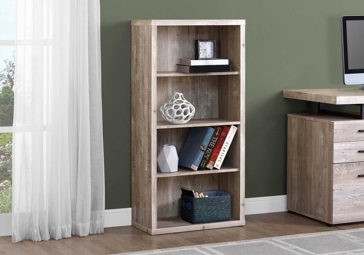 Rustic wood finish bookshelf with four shelves and decorative items