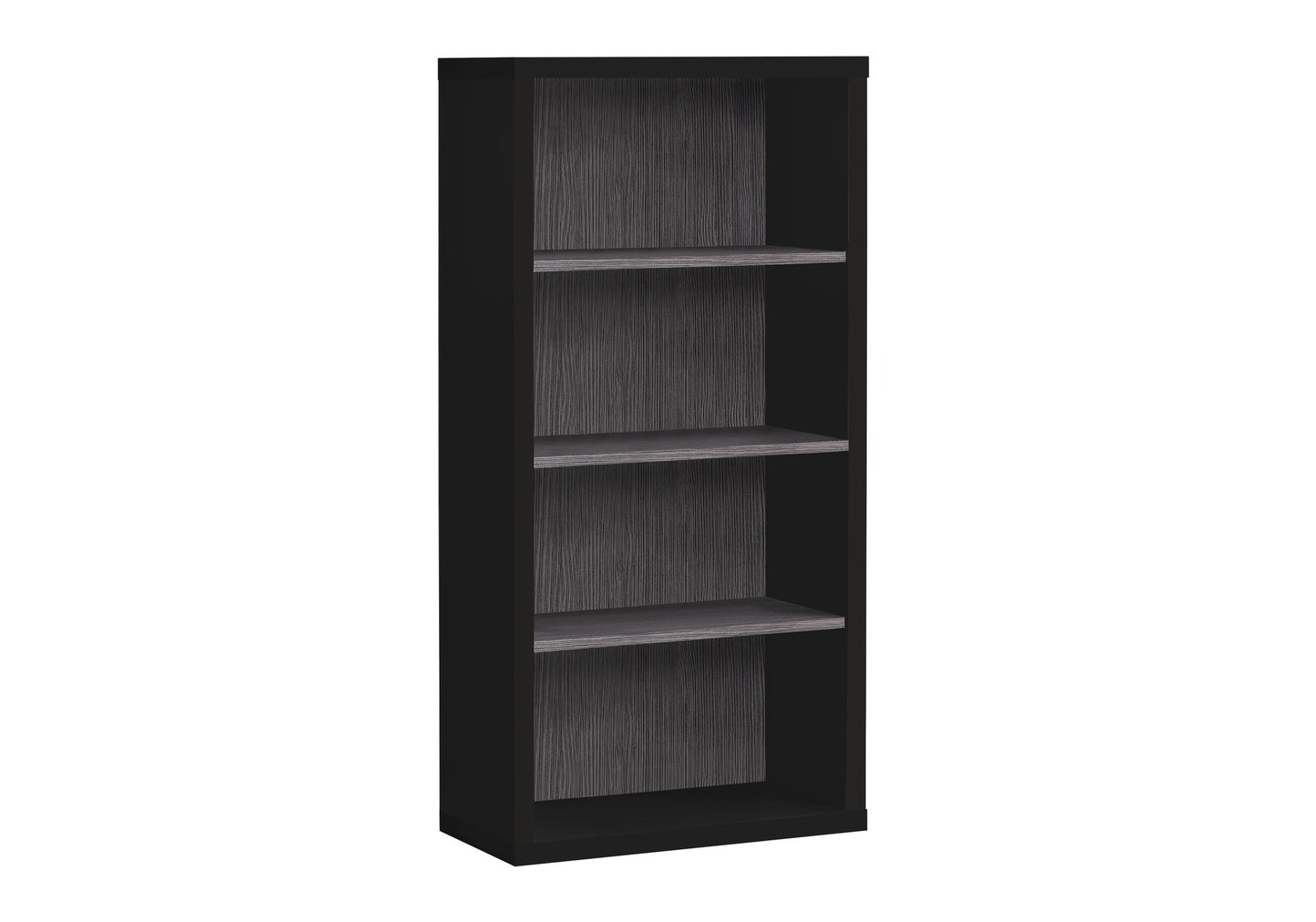 Slim black bookshelf with textured grey shelves and back panel