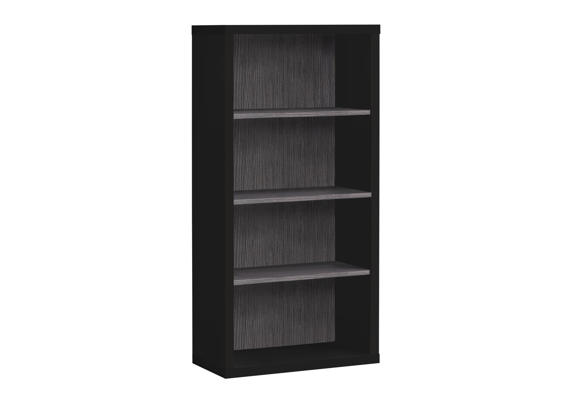 Slim black bookshelf with textured grey shelves and back panel