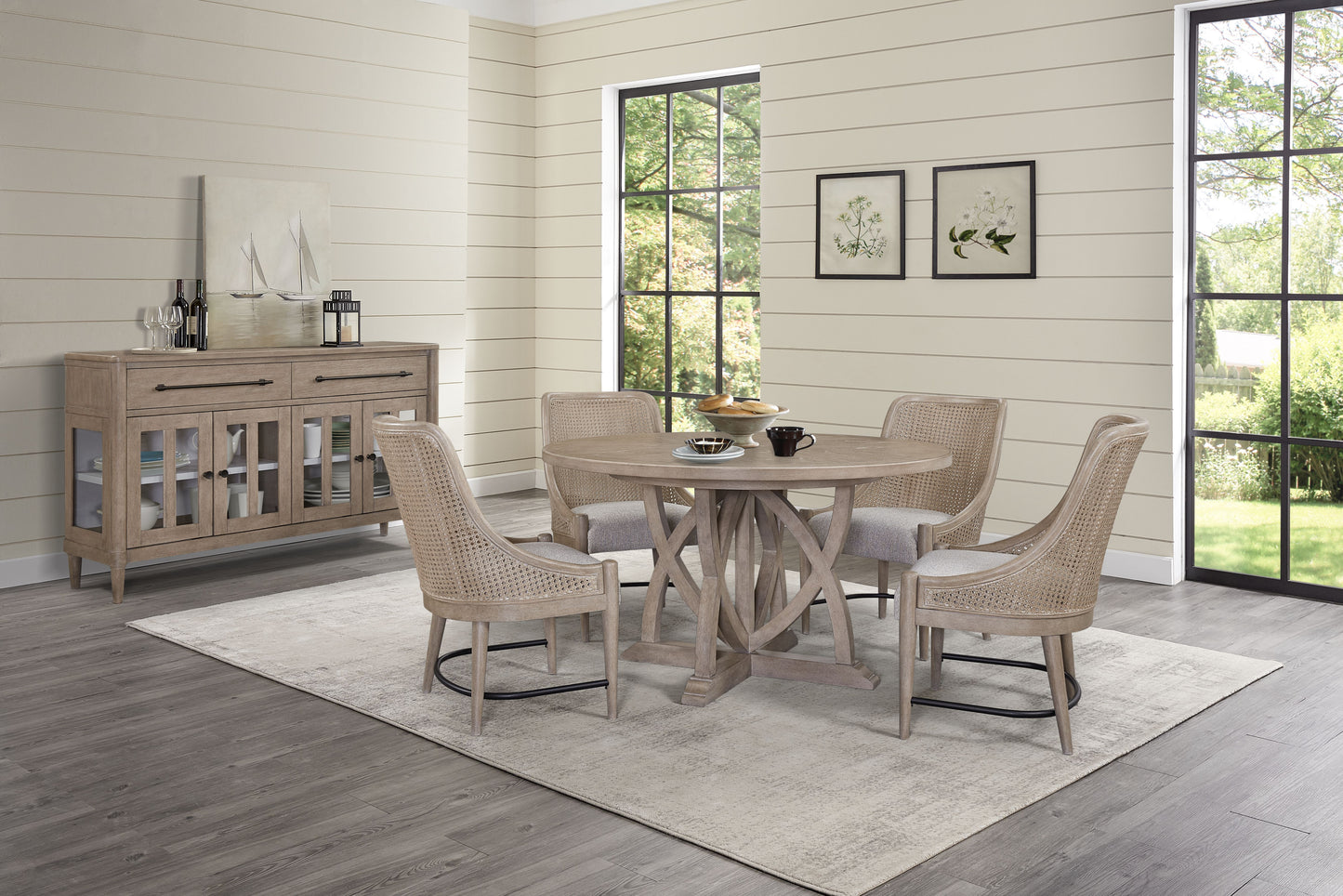 Rustic washed oak dining table with four canebacked chairs
