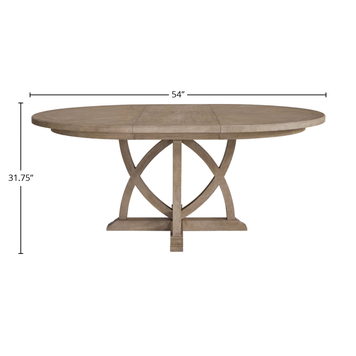 Rustic round dining table in weathered oak finish with architectural base