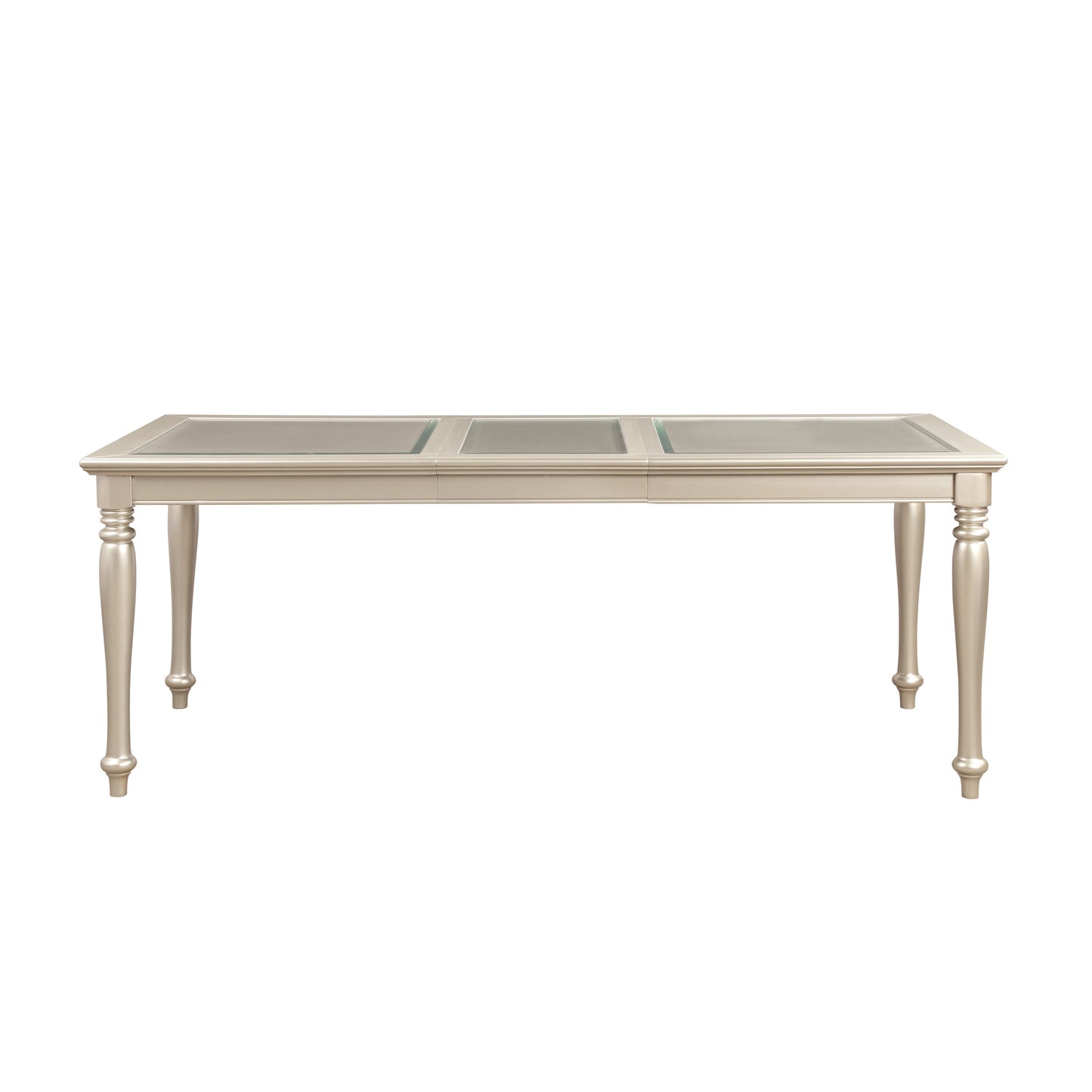 Elegant champagne dining table with glass inserts and turned legs