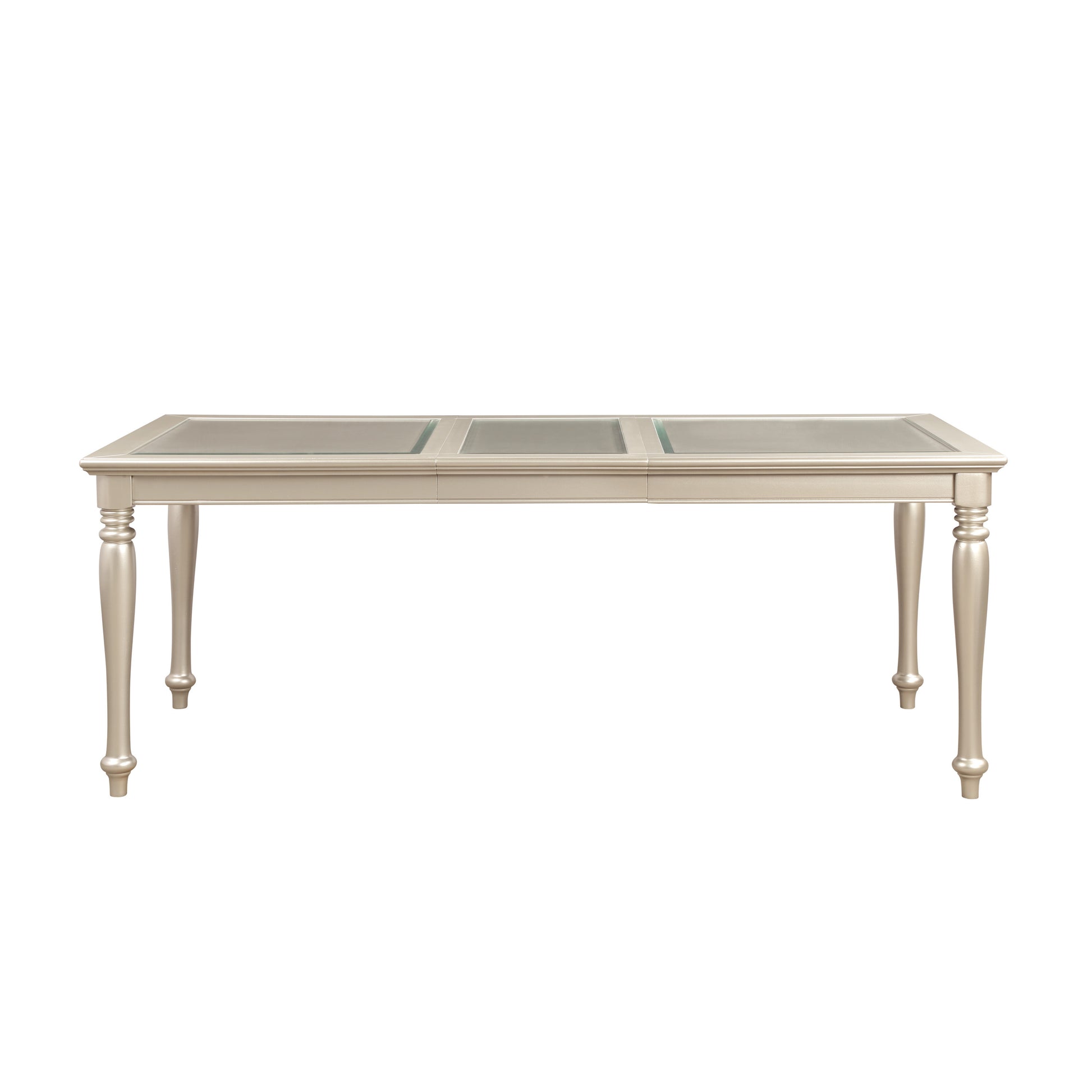 Elegant champagne dining table with glass inserts and turned legs