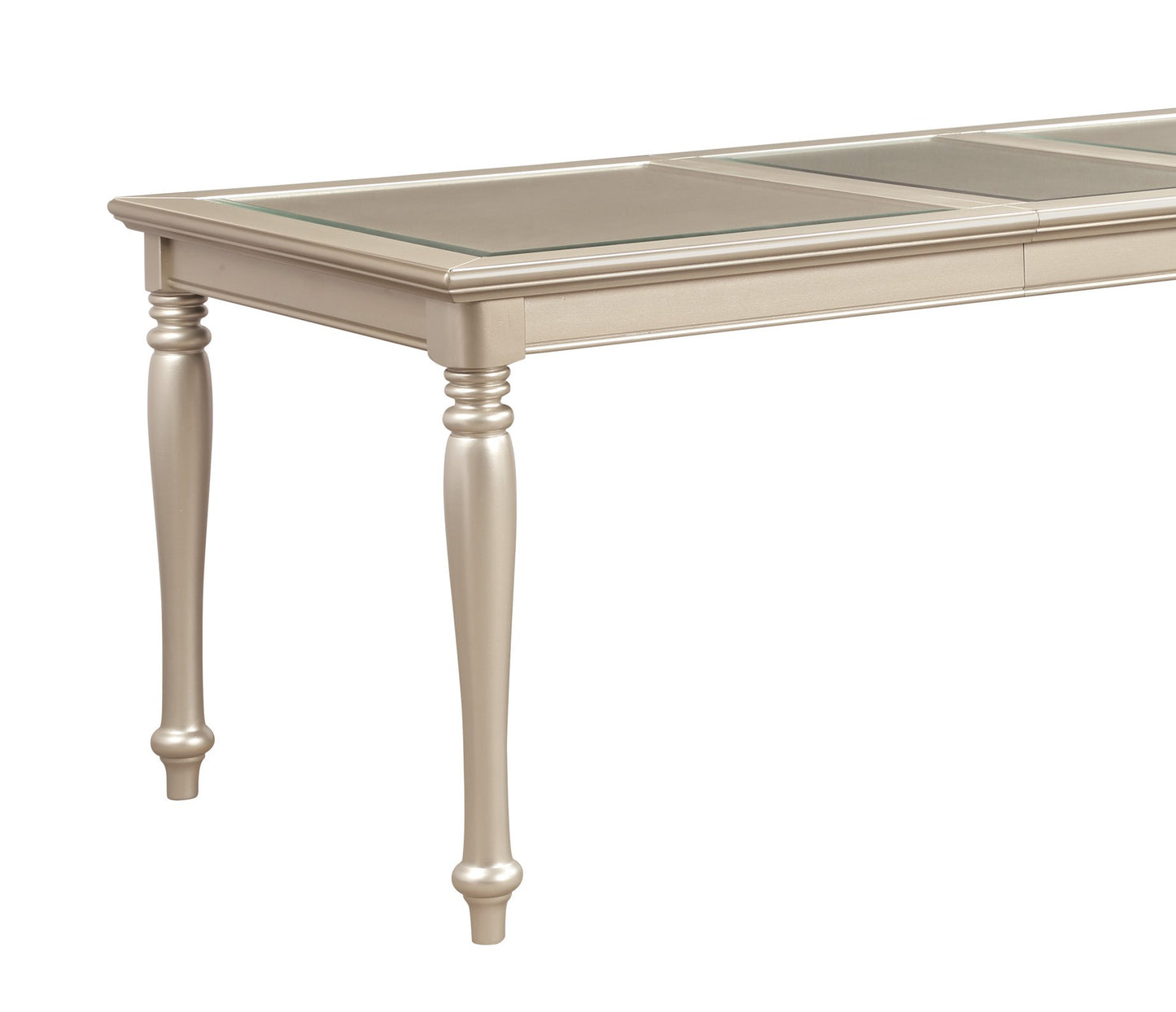 Gold dining table with glass inserts and turned legs