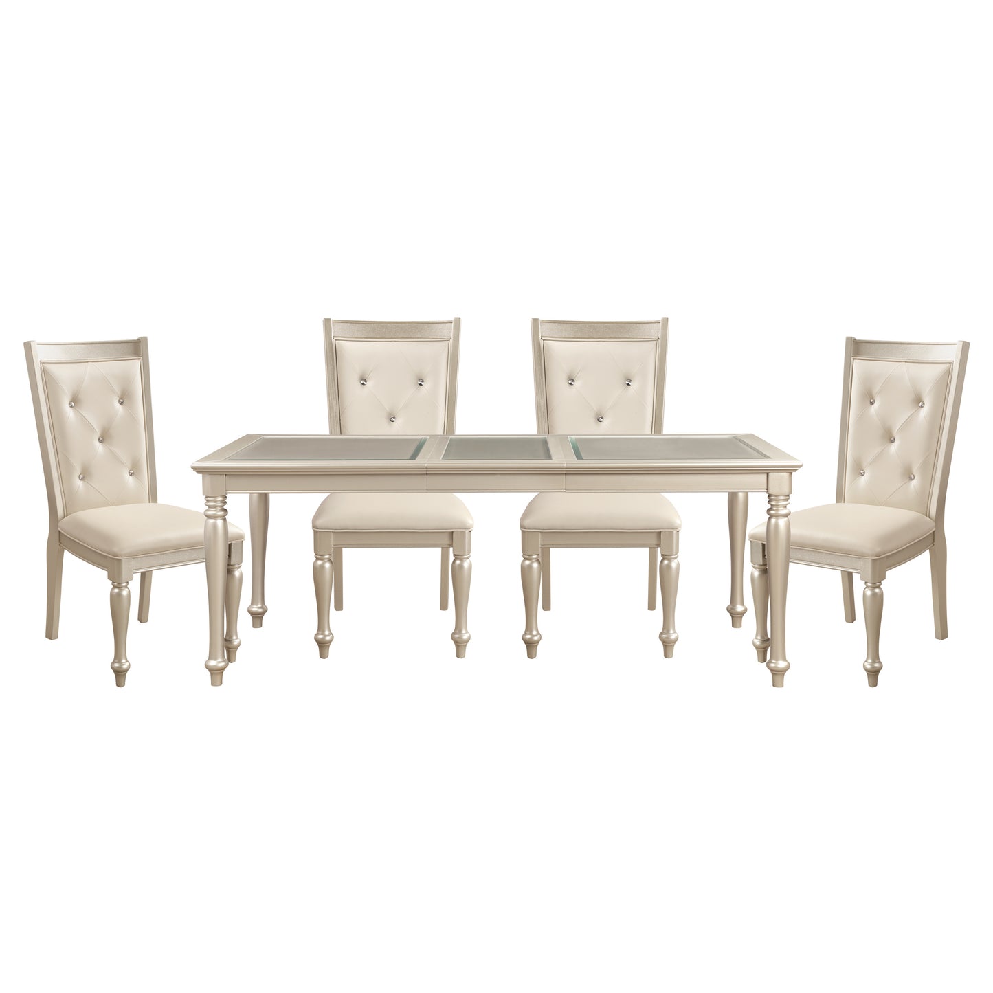 Elegant champagne dining set with tufted crystal chairs and glass tabletop