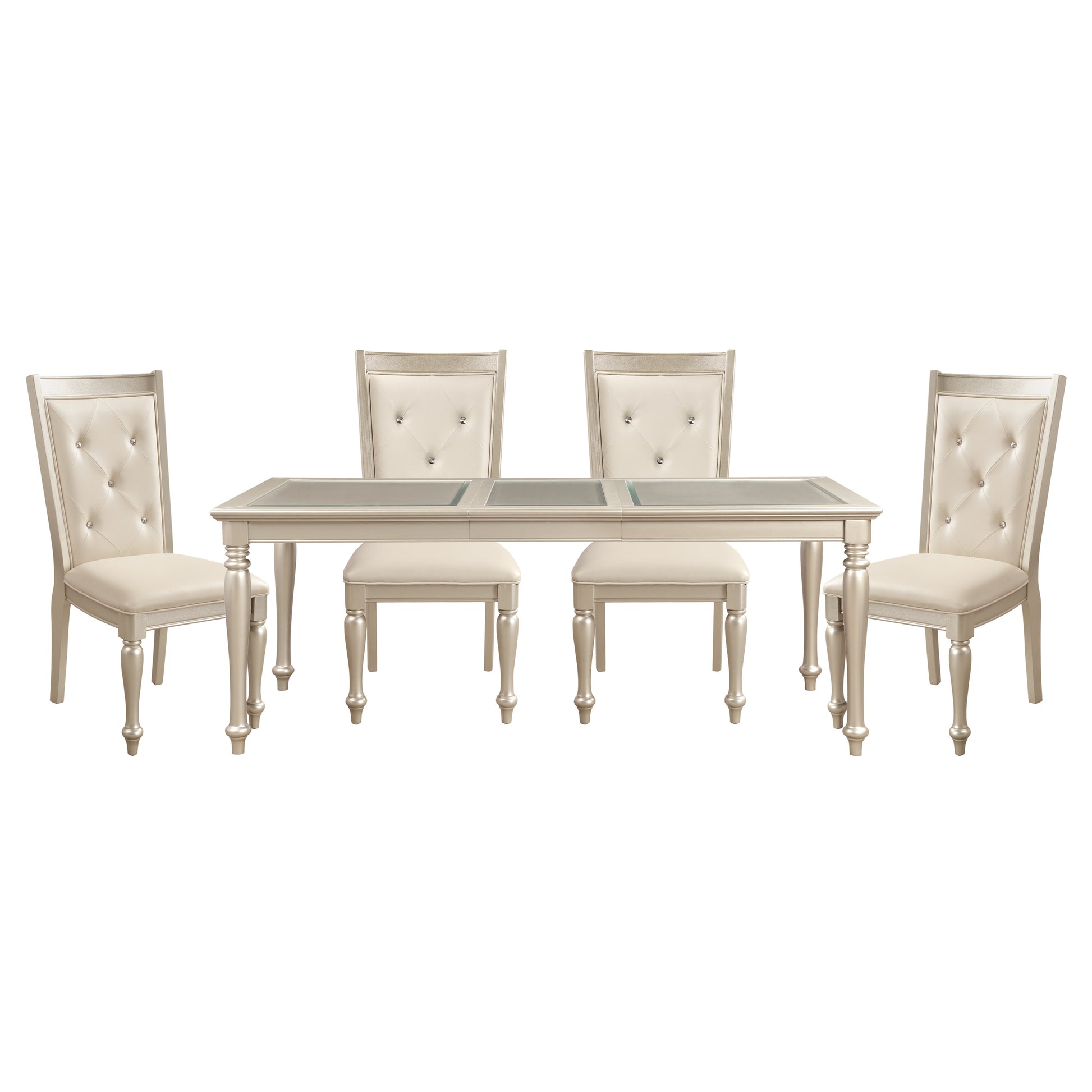 Elegant champagne dining set with tufted crystal chairs and glass tabletop