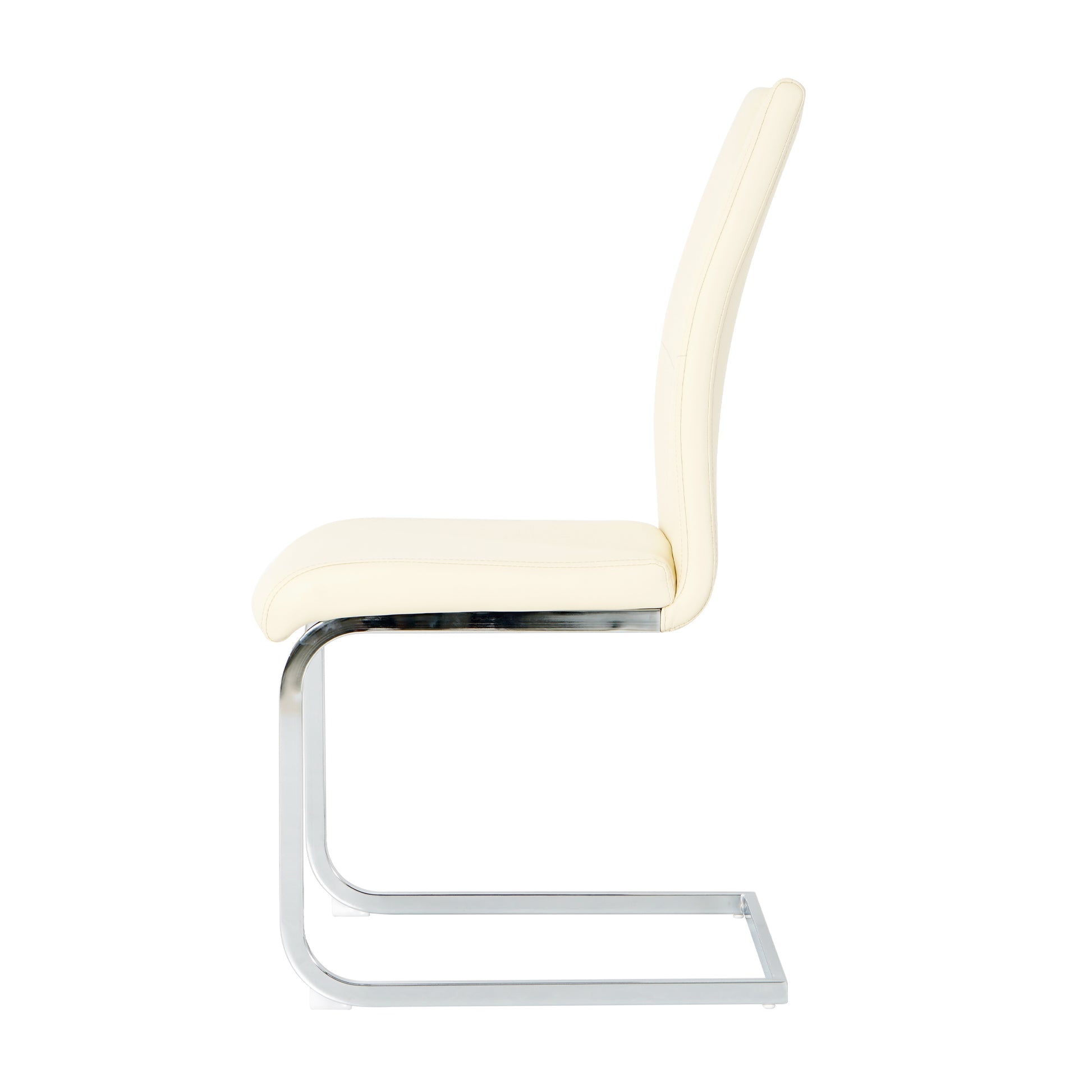 Cream upholstered dining chair with chrome sled base and supportive back