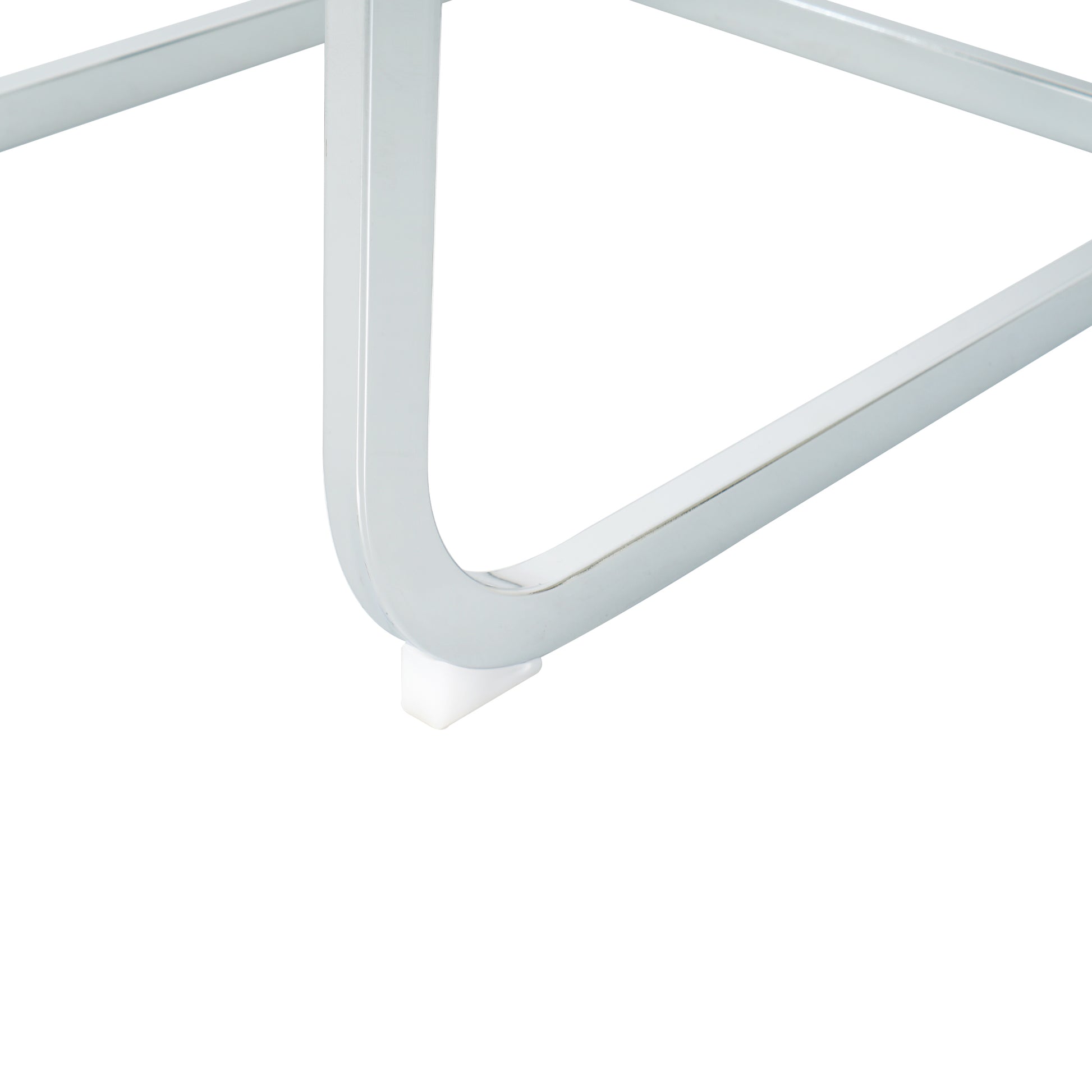 Chrome metal furniture leg with protective white floor protector cap
