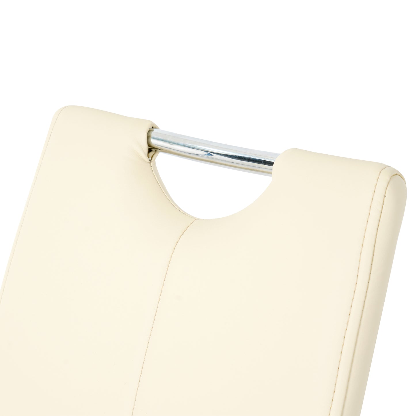 Cream faux leather chair back detail with chrome handle