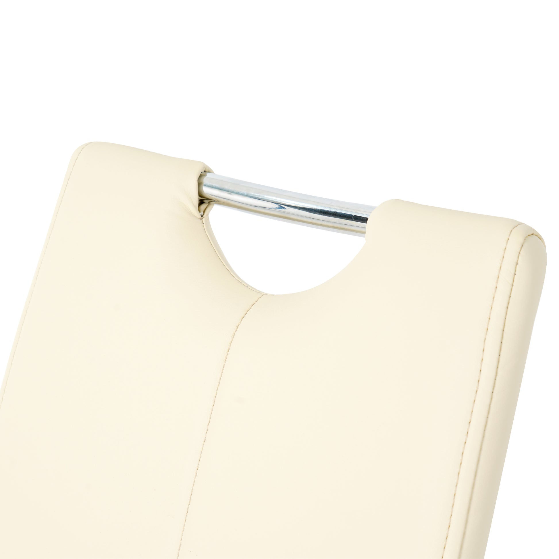 Cream faux leather chair back detail with chrome handle