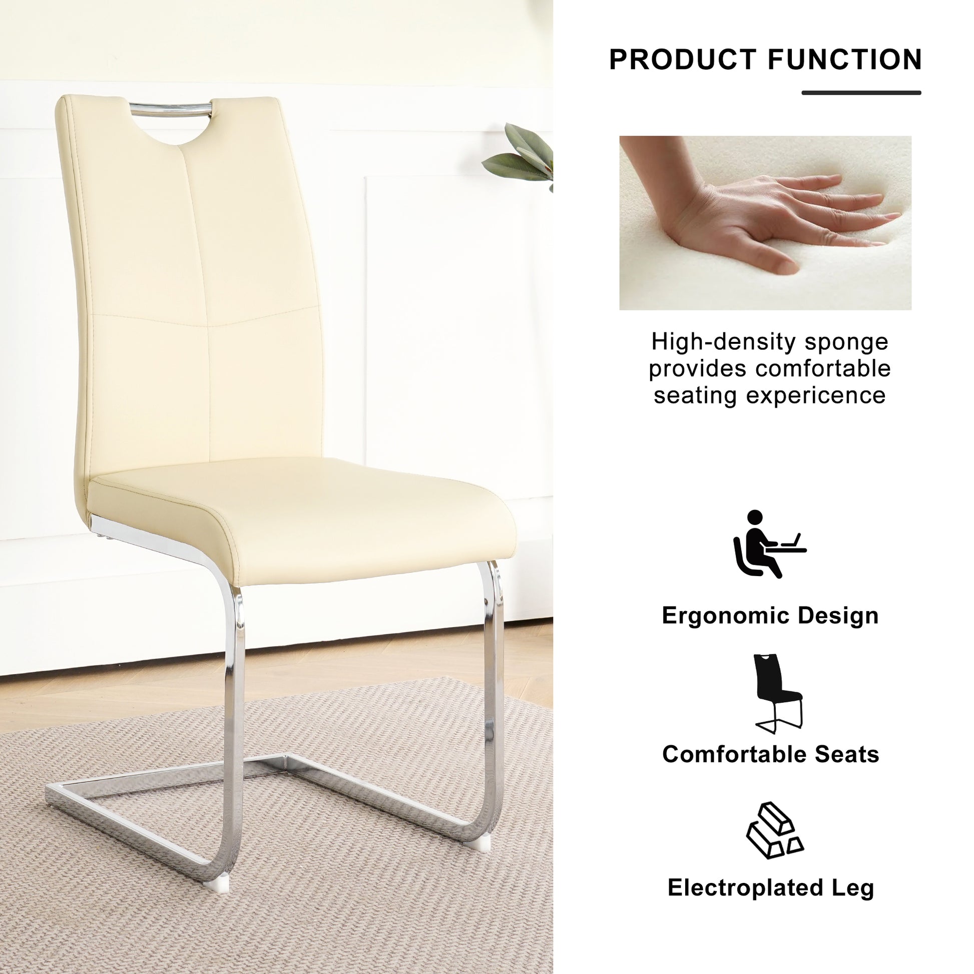 Cream faux leather dining chair with chrome sled legs and cutout back