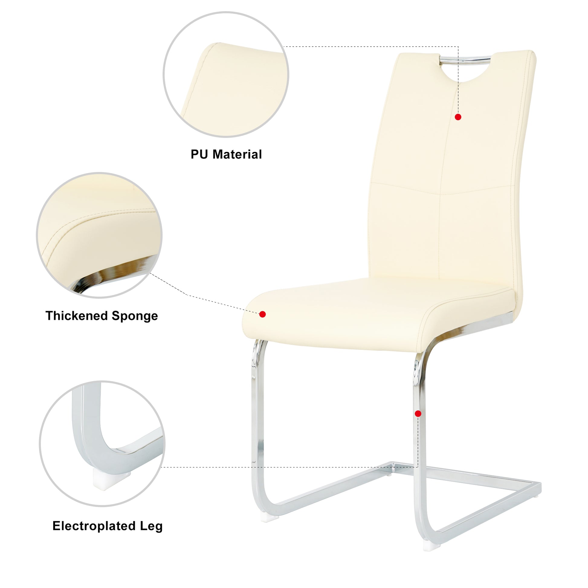 Cream PU leather dining chair with chrome cantilever legs and thick sponge cushioning